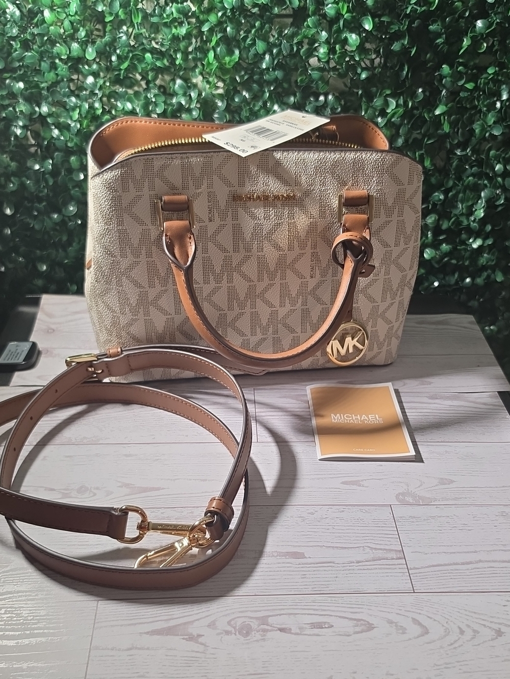 Michael Kors Beige Logo Dome Satchel with Brown Trim and Gold MK Charm